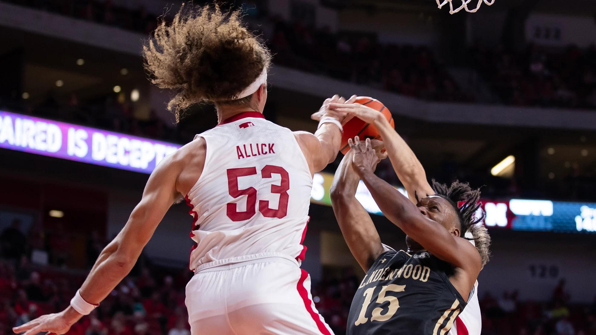 Nebraska forward Josiah Allick blocks a shot against Lindenwood (Nov. 6, 2023)